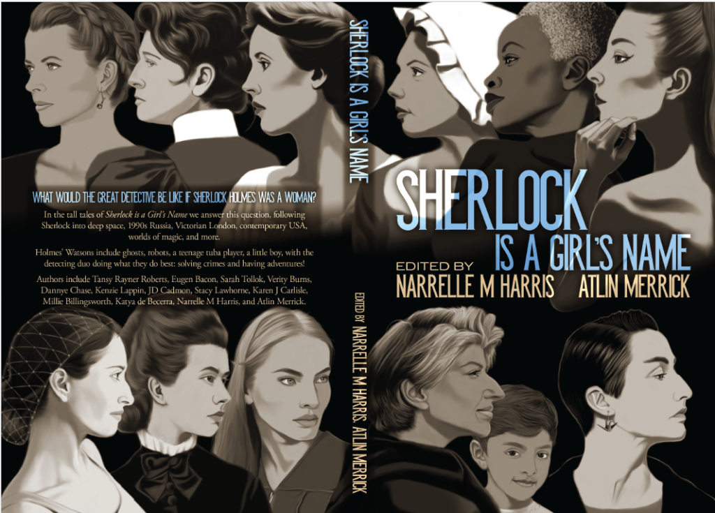 Cover art for Sherlock is a Girl's Name featuring 12 different profile faces of the female-identifying Sherlocks within the stories.